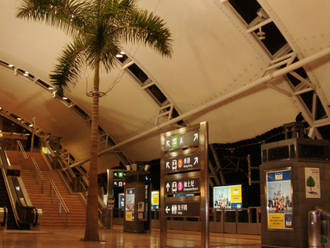 香港地下鉄東涌駅のホーム。椰子の木の右側に公衆電話が見える（資料）—本紙撮影