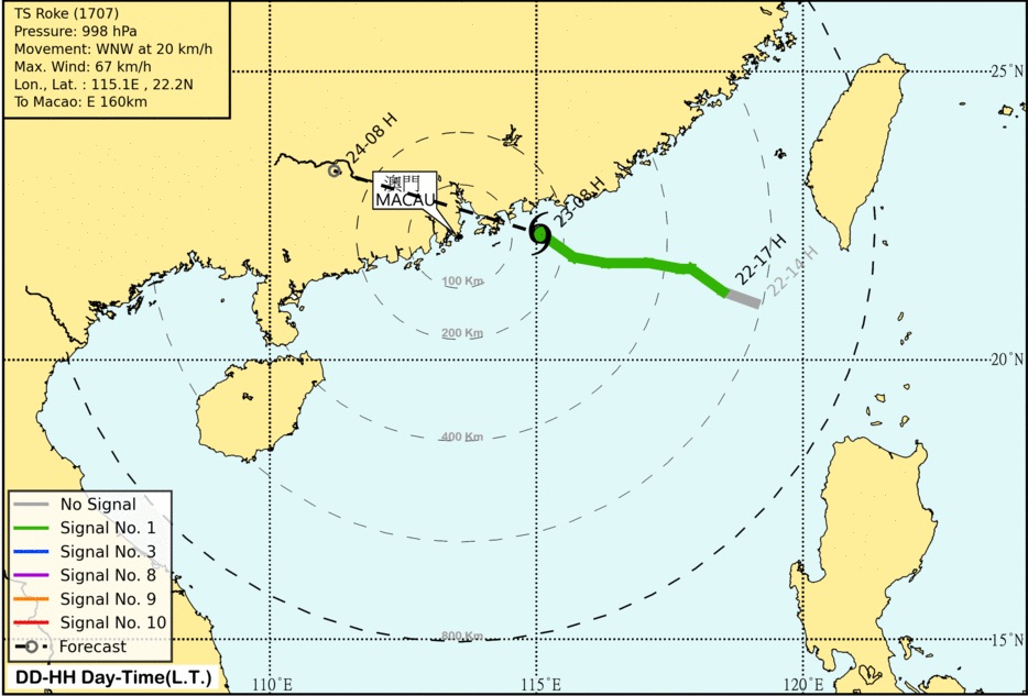 マカオ時間午前8時現在の台風7号（ロウキー）の位置と予想進路（画像：SMG）